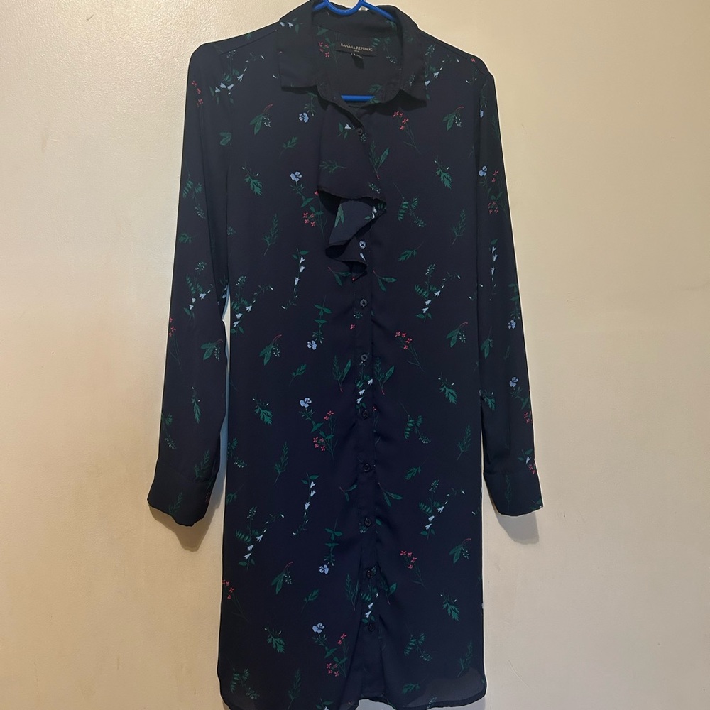 Banana Republic Navy Floral Ruffle-Front Long Sleeve Shirt Dress Sz 8